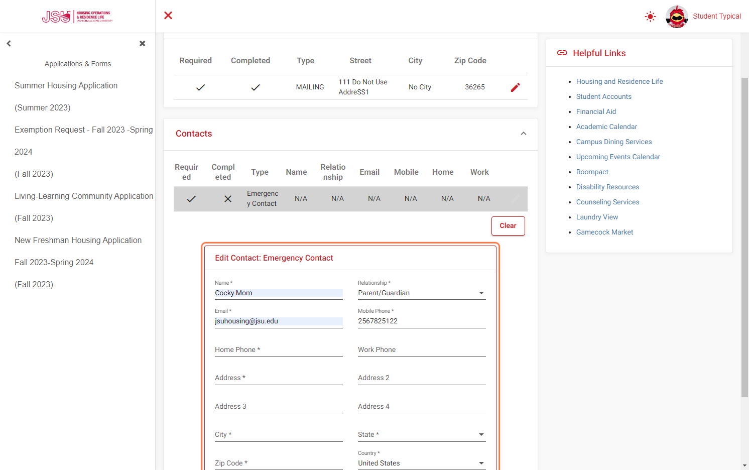 Provide the required information for each contact type.