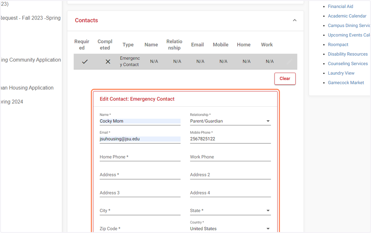 Provide the required information for each contact type.