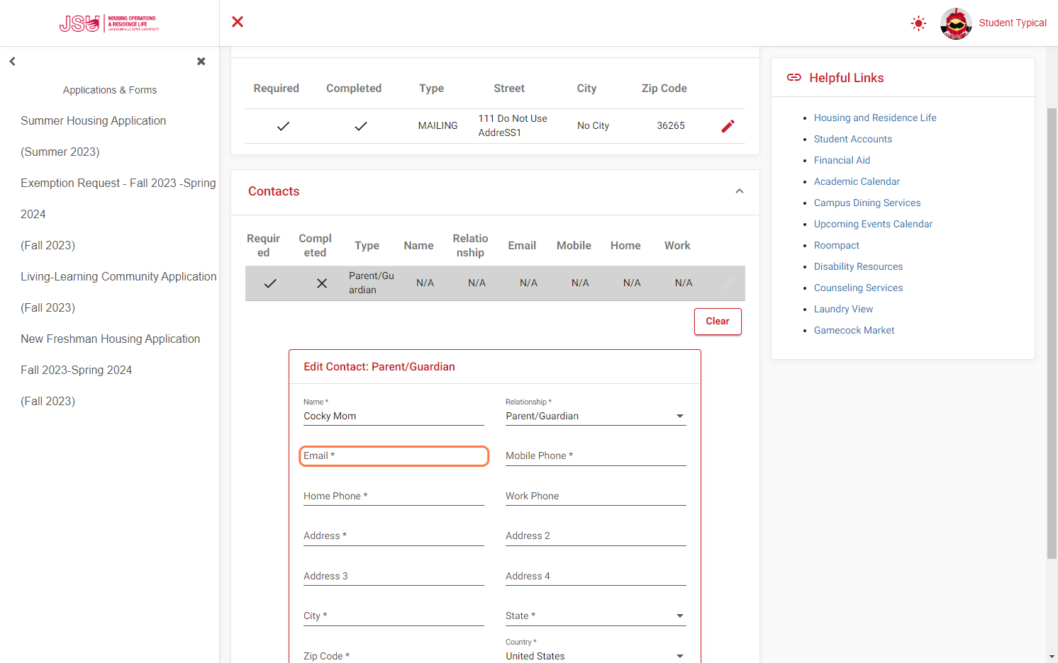 Provide the required information for each contact type.