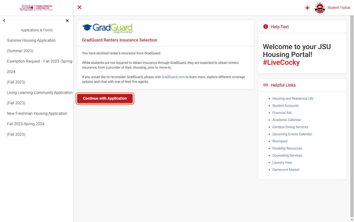 Click on Continue with Application