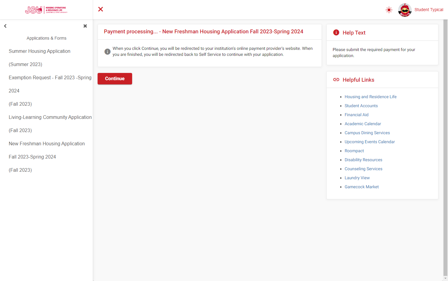 Click Continue to provide your payment information for the nonrefundable application fee.
