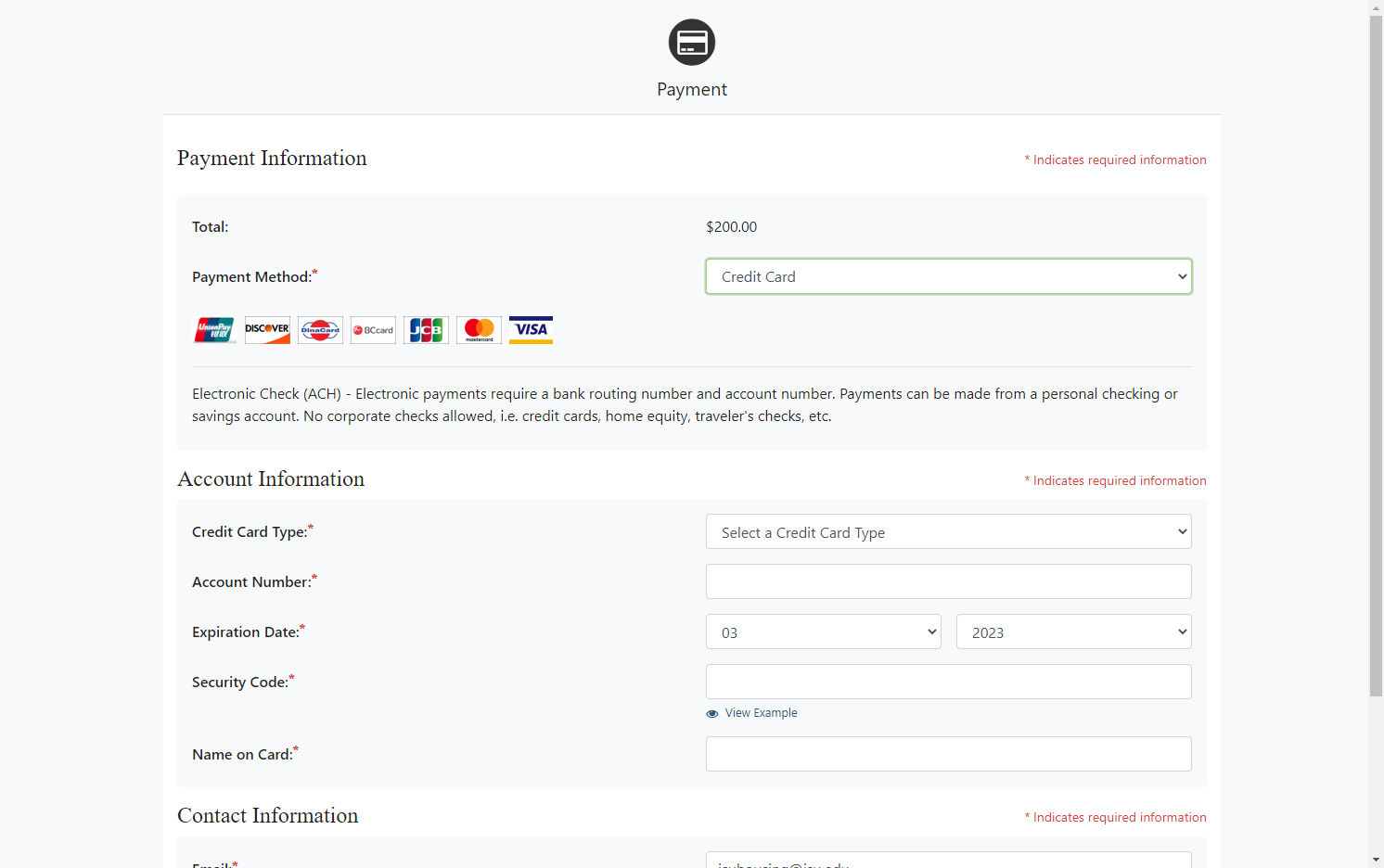 Click on the drop down menu to select your Payment Method:*