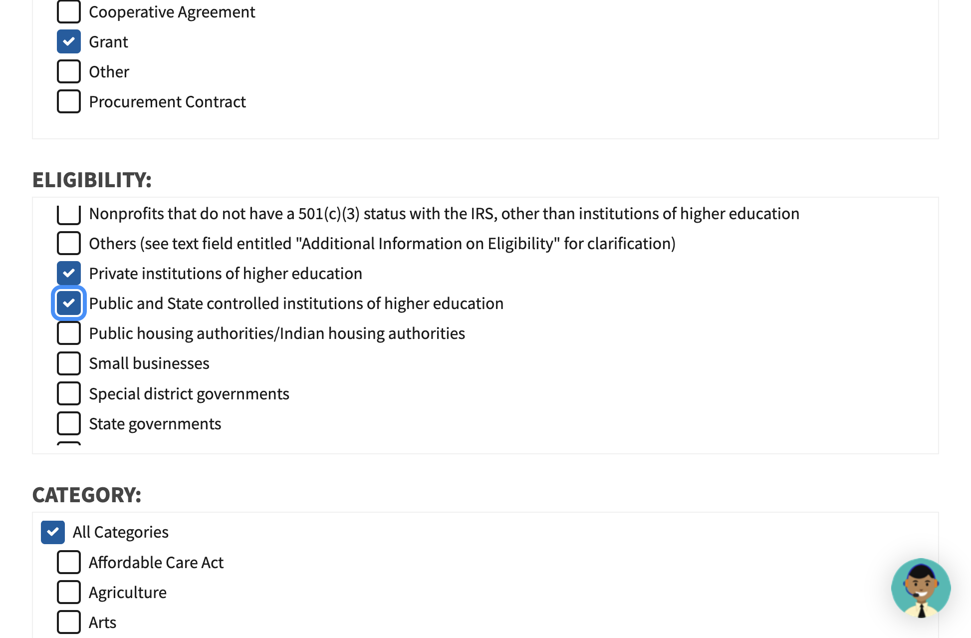 Uncheck Public and State controlled institutions of higher education