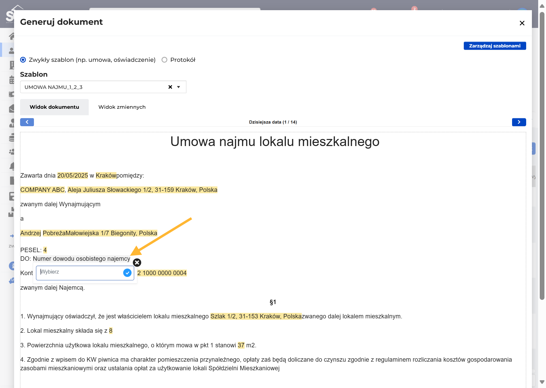 Zmienne podświetlone na szaro to zmienne do ręcznego uzupełnienia lub pola do wyboru. Wystarczy na nie kliknąć, aby wybrać lub uzupełnić dane.
