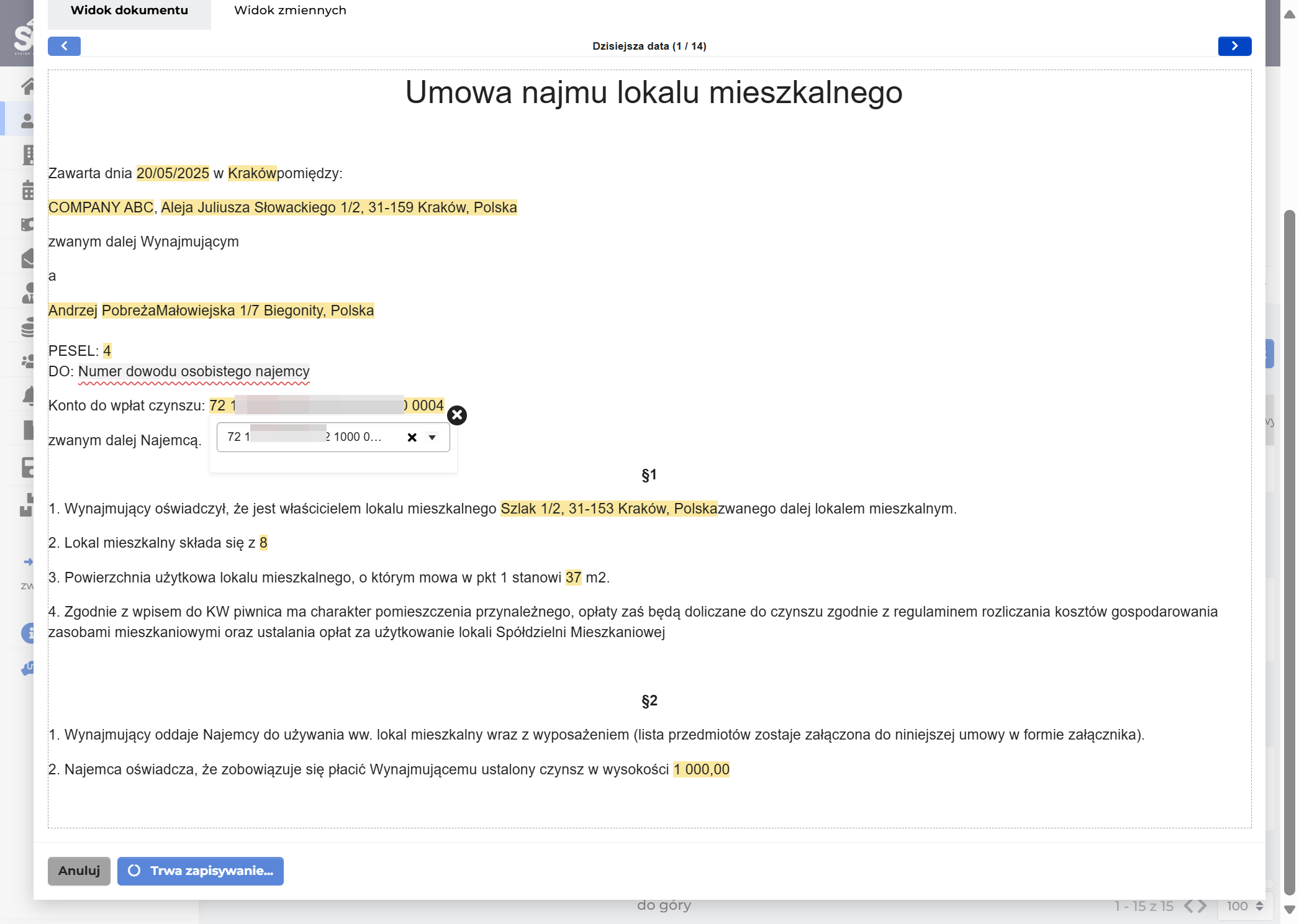 Za to możesz podglądnąć treść dokumentu. Pola oznaczone na szaro, to pola, które wymagają Twojej akcji (wybór z listy/ręczne uzupełnienie pola)