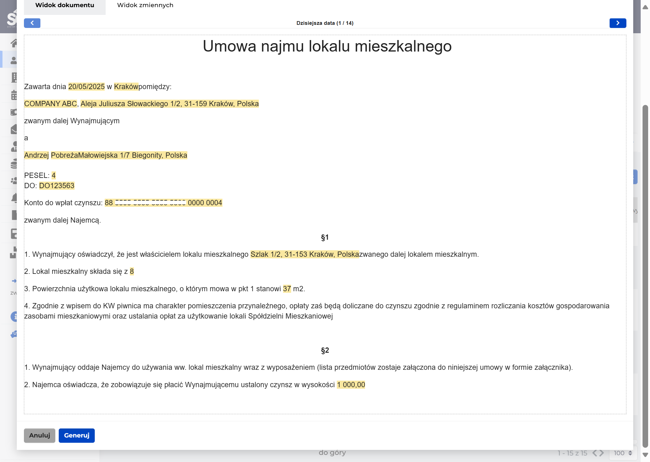Po uzupełnieniu umowy kliknij Generuj