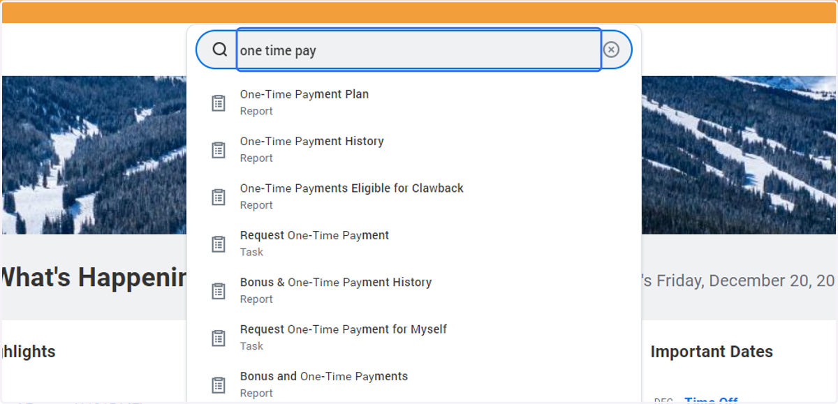 Type "request one time payment" in the search bar to find the 'Request One Time Payment for Myself" task