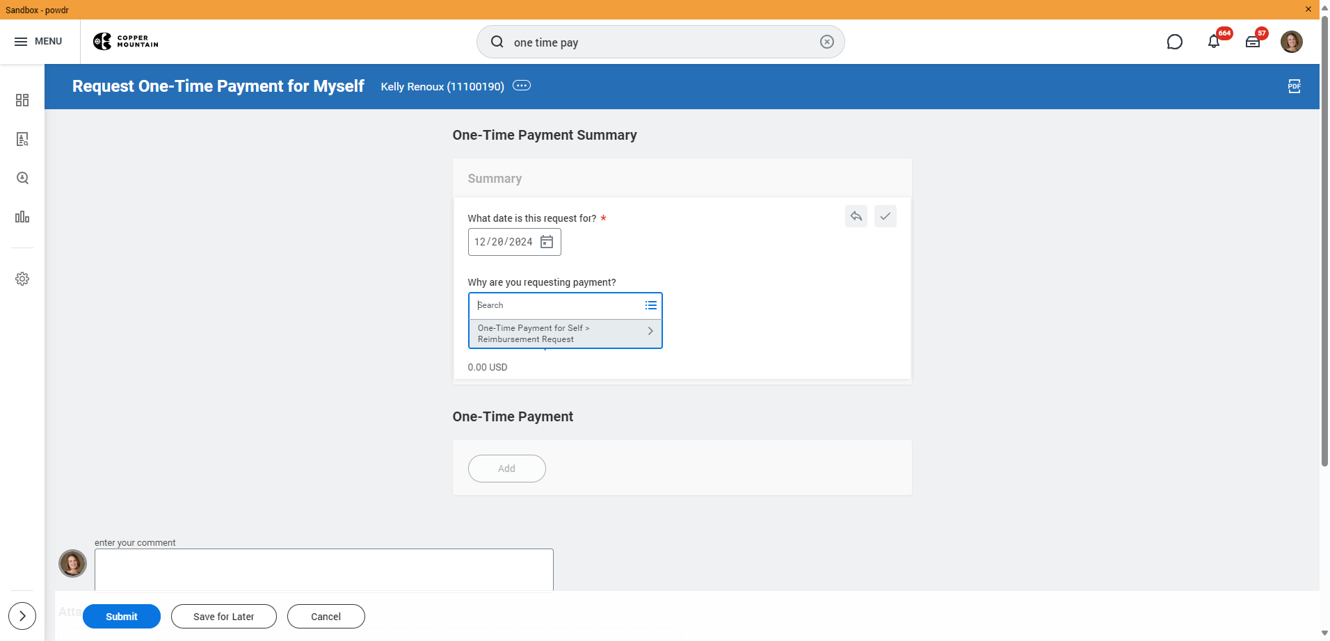 Click on Submenu One-Time Payment for Self > Reimbursement Request