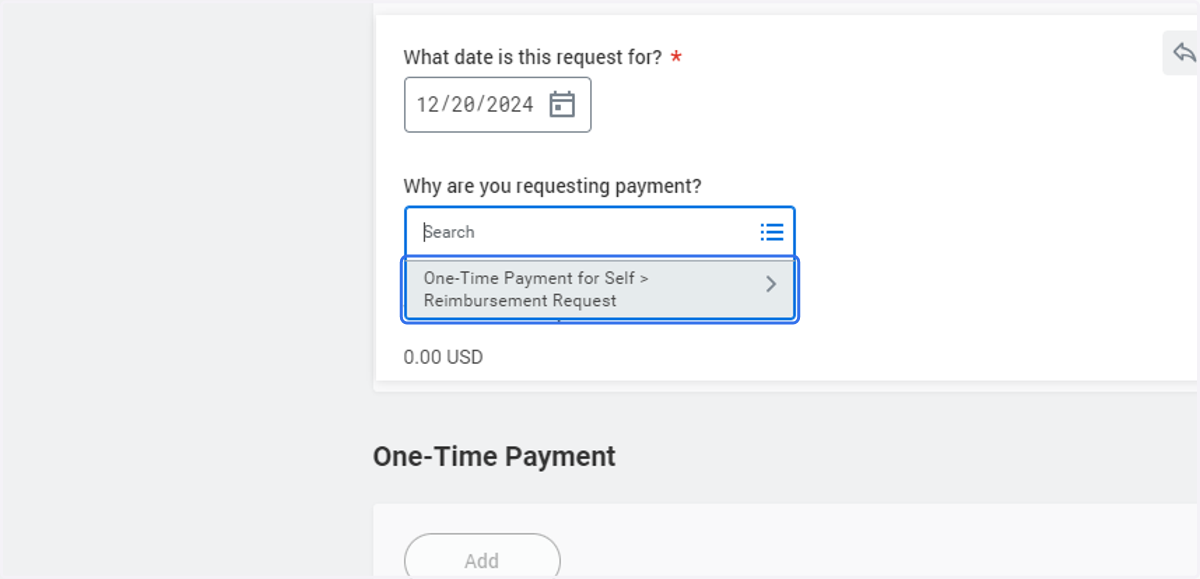 Click on Submenu One-Time Payment for Self > Reimbursement Request