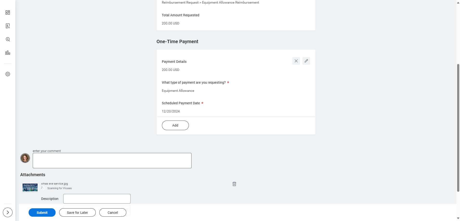 Upload copies of receipts that equate to the value requested to be reimbursed