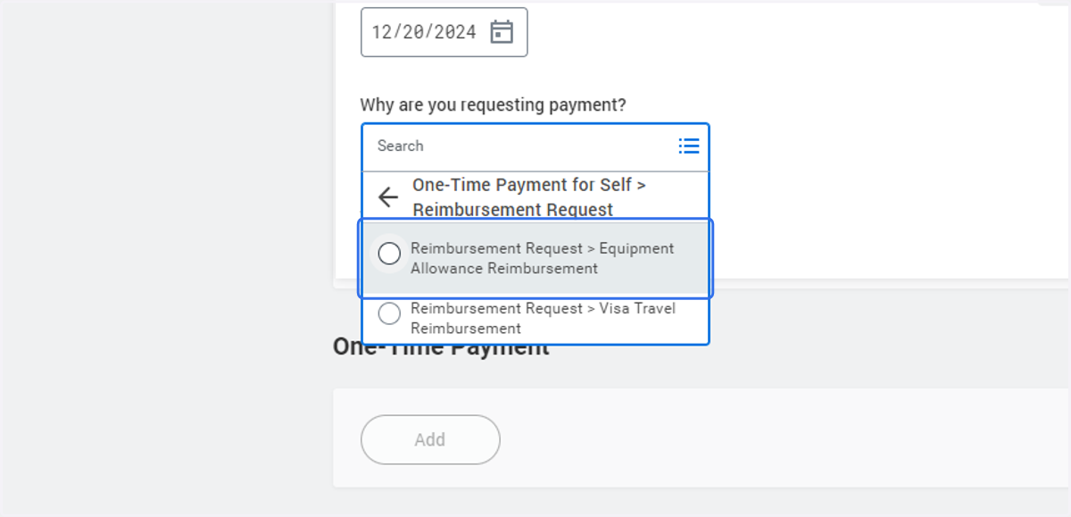 Select the 'Equipment Allowance Reimbursement' option
