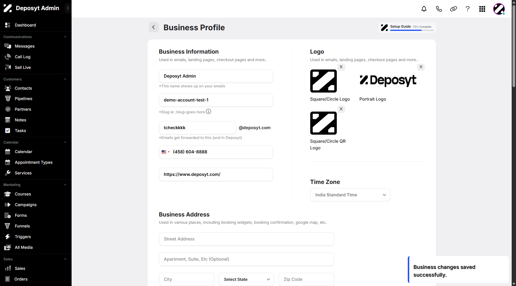 Step 12: You will see a pop-up notification confirming that the business changes have been saved successfully.