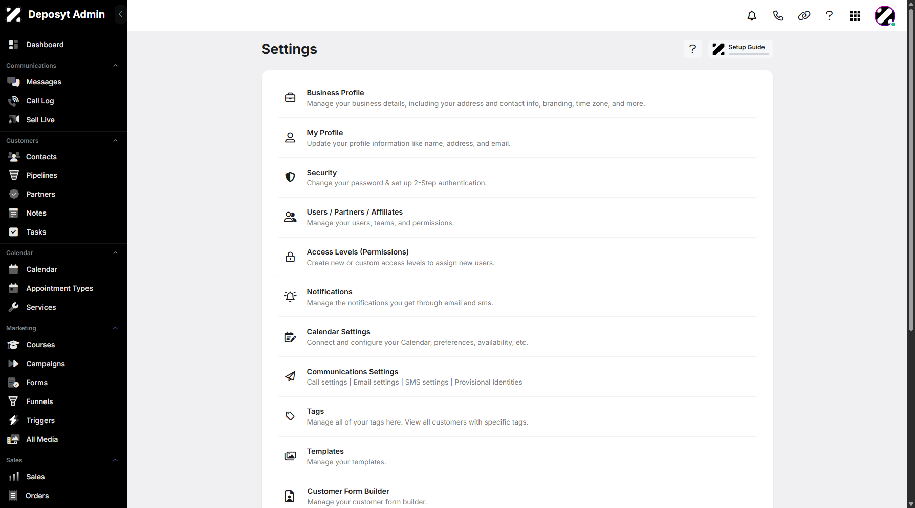 Step 4: You will then be navigated to the Settings page.