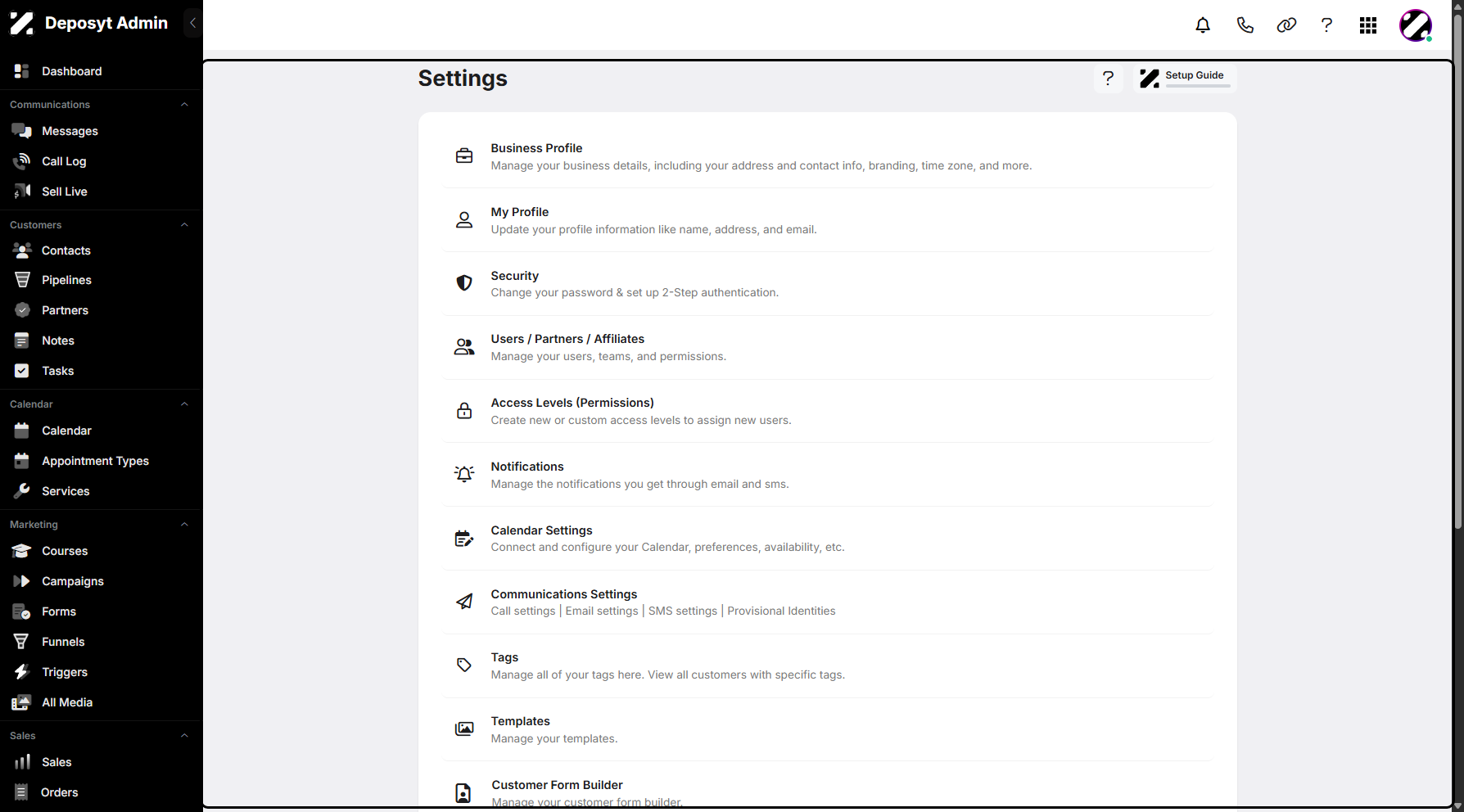 Step 4: You will then be navigated to the Settings page.