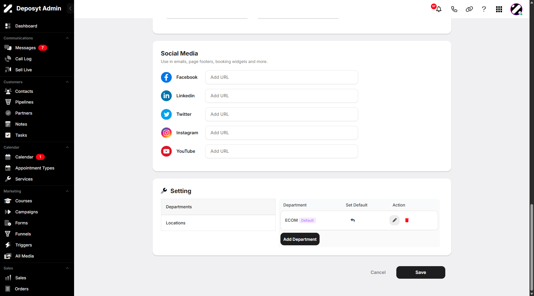 Step 9: Use the Actions section to edit or delete an existing Department or Locations.