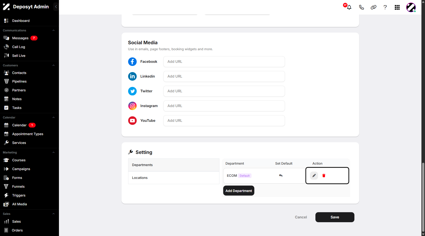 Step 9: Use the Actions section to edit or delete an existing Department or Locations.
