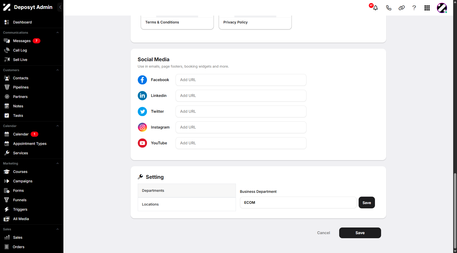Step 10: To create a new Department or Location, click the “Add Department” or “Add Location” button. You will be prompted to enter the Department or Location title, then click “Save” to apply the changes.