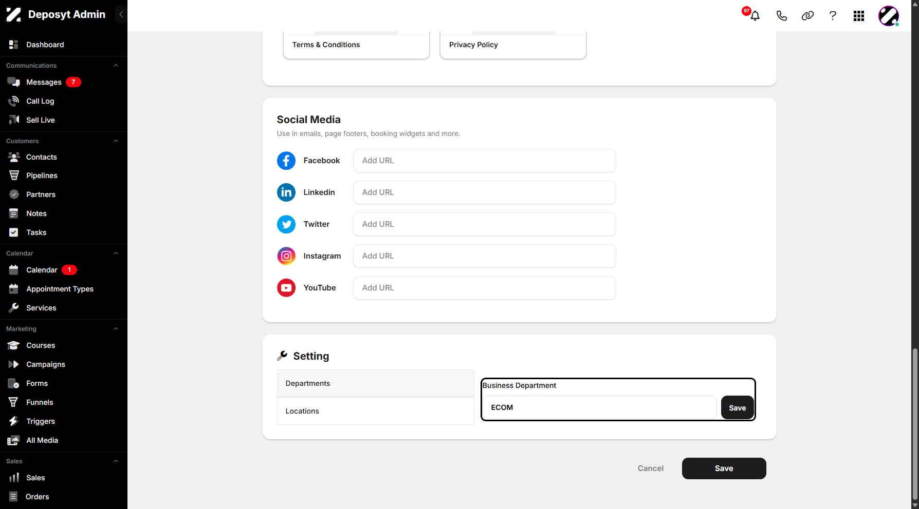 Step 10: To create a new Department or Location, click the “Add Department” or “Add Location” button. You will be prompted to enter the Department or Location title, then click “Save” to apply the changes.
