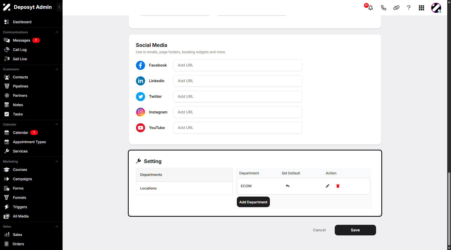 Step 7: Scroll down to the Settings section below, where you can manage and set your default department and locations.