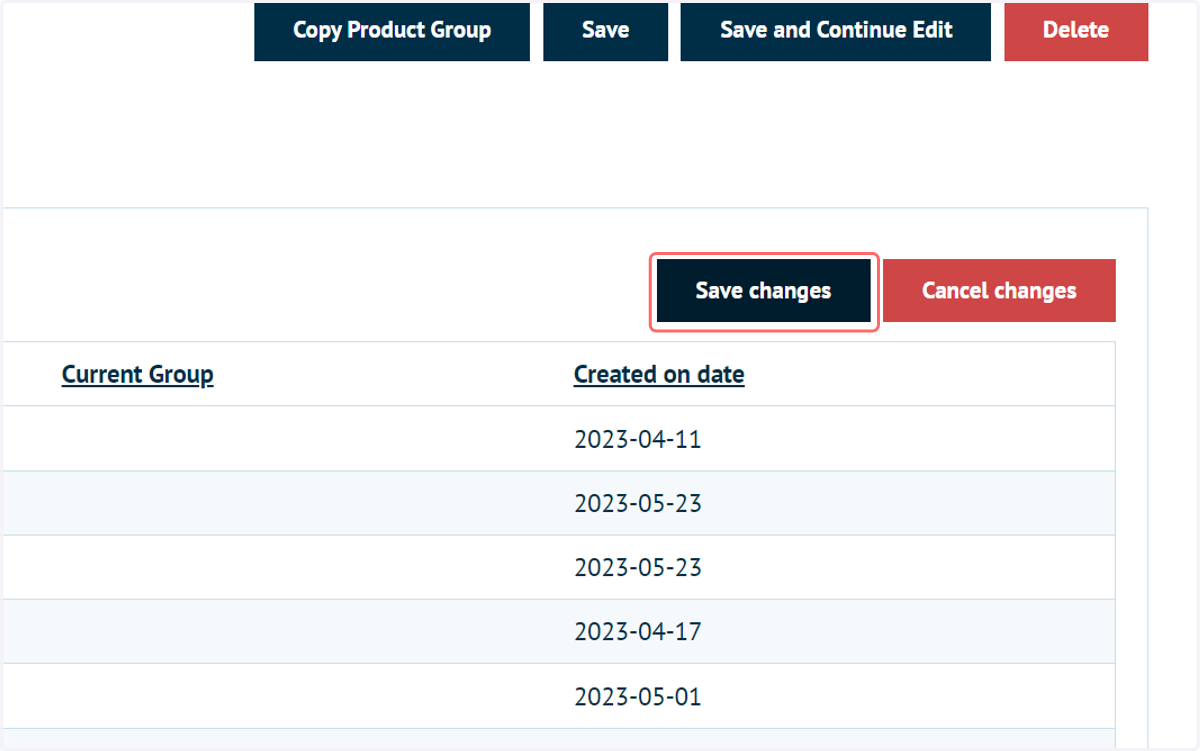 Check the products to be contained in the group and click "Save changes"