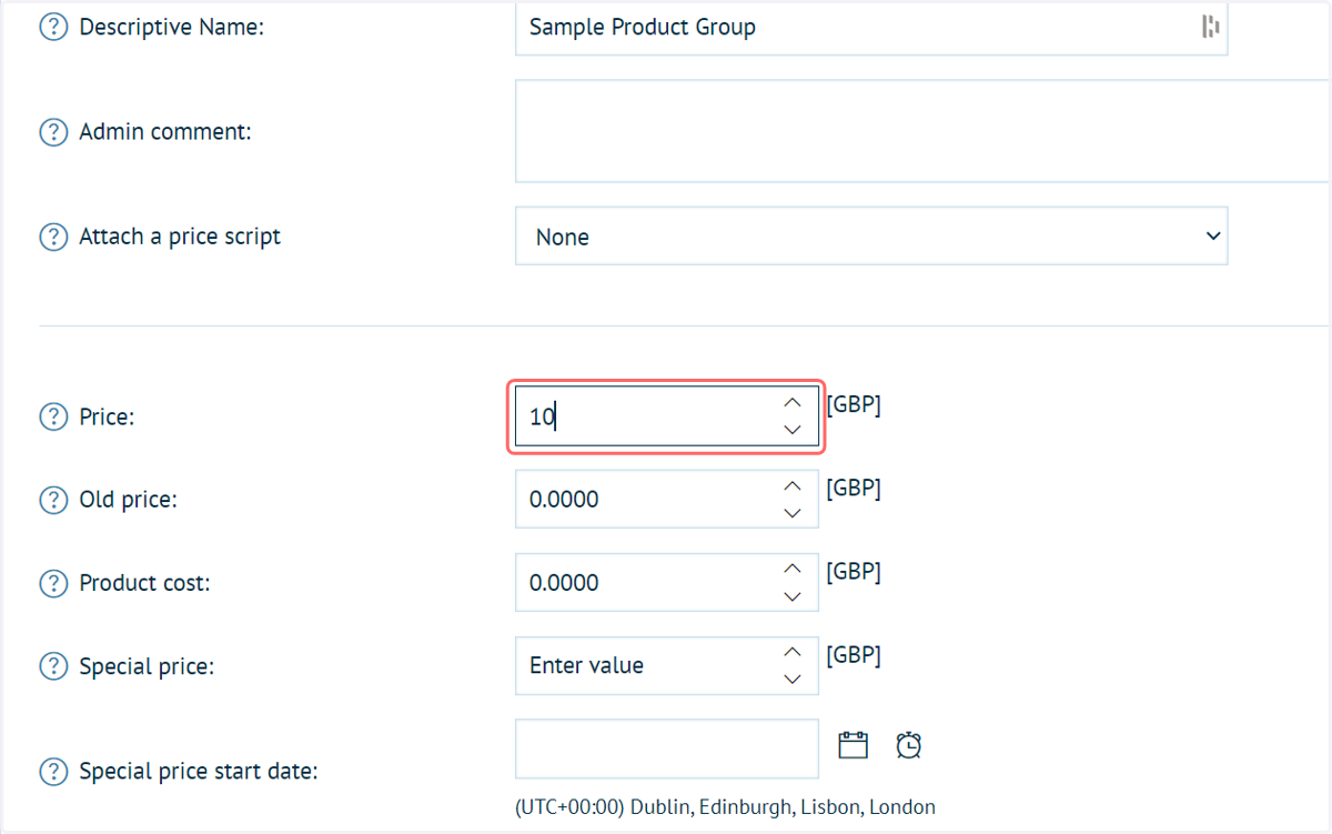 To verify, enter some information into the Group, such as a basic price