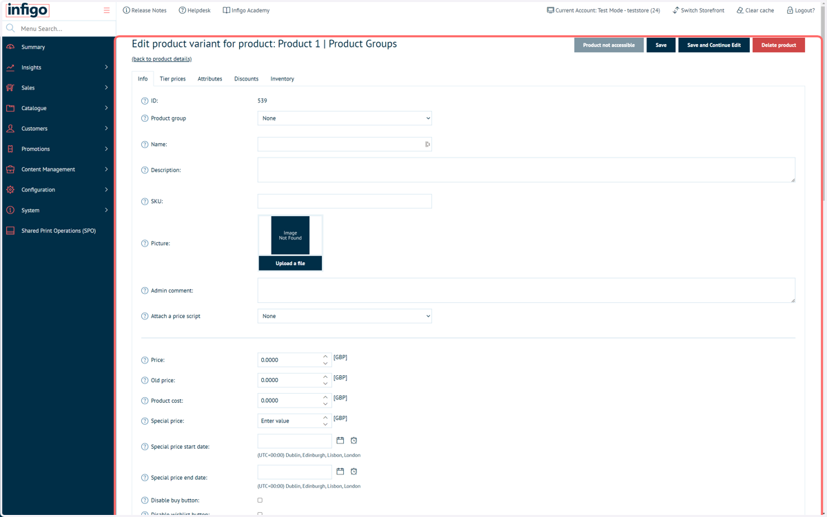 Product Variant settings