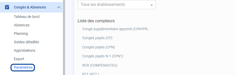 Dans le menu "Congés & Absences", cliquer sur "Paramètres"