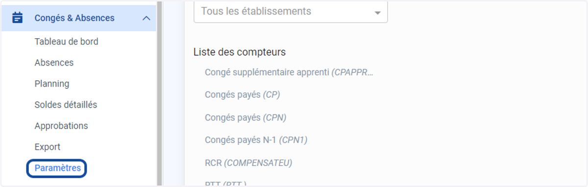 Dans le menu "Congés & Absences", cliquer sur "Paramètres"