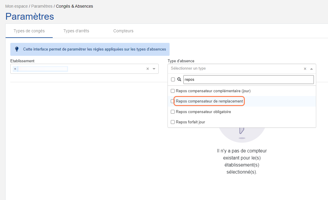 Cliquer sur "Repos compensateur de remplacement" pour l'exemple RCR