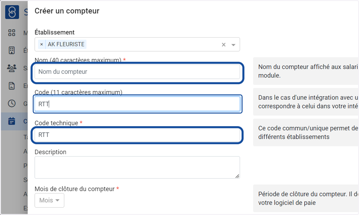 Choisir le "Nom" du compteur et renseigner les bons codes