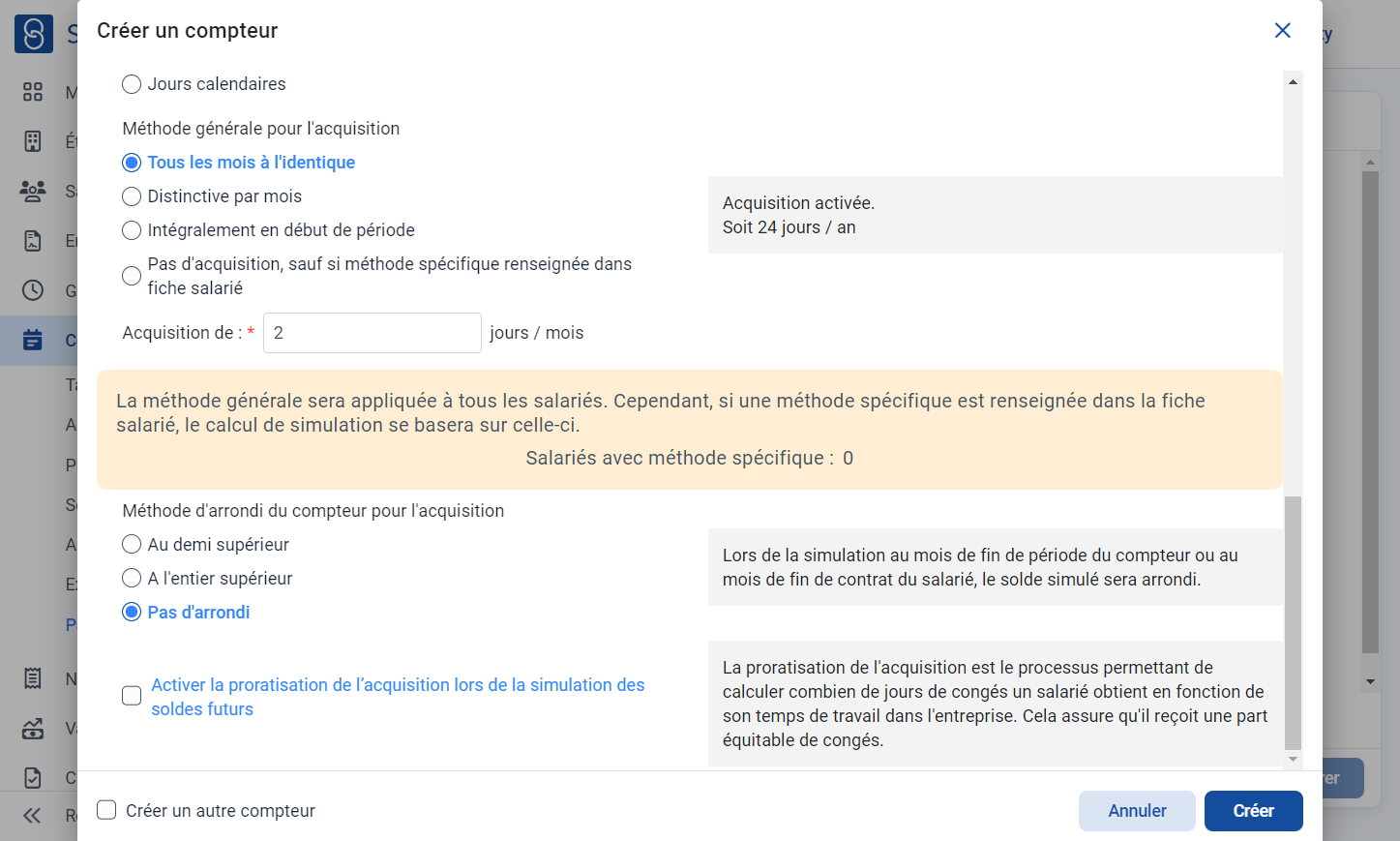 "Activer la proratisation de l’acquisition lors de la simulation des soldes futurs"
