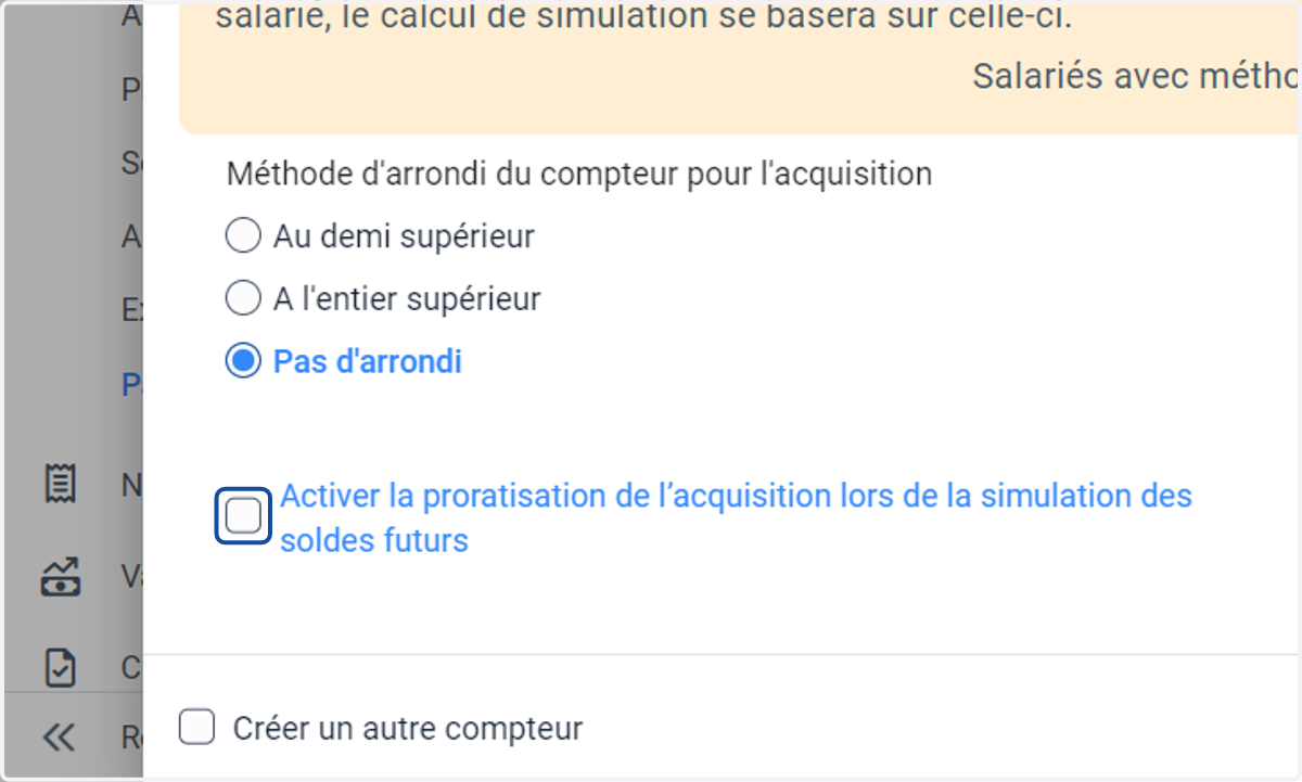 "Activer la proratisation de l’acquisition lors de la simulation des soldes futurs"