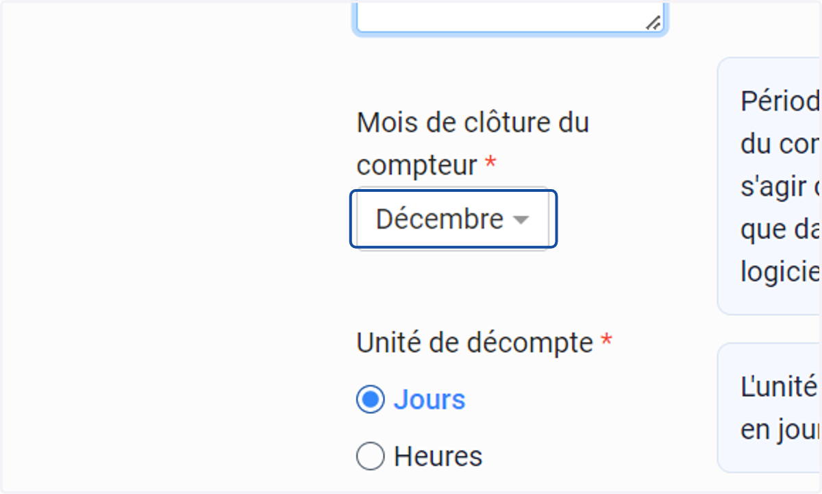 Choisir le "Mois de clôture du compteur"