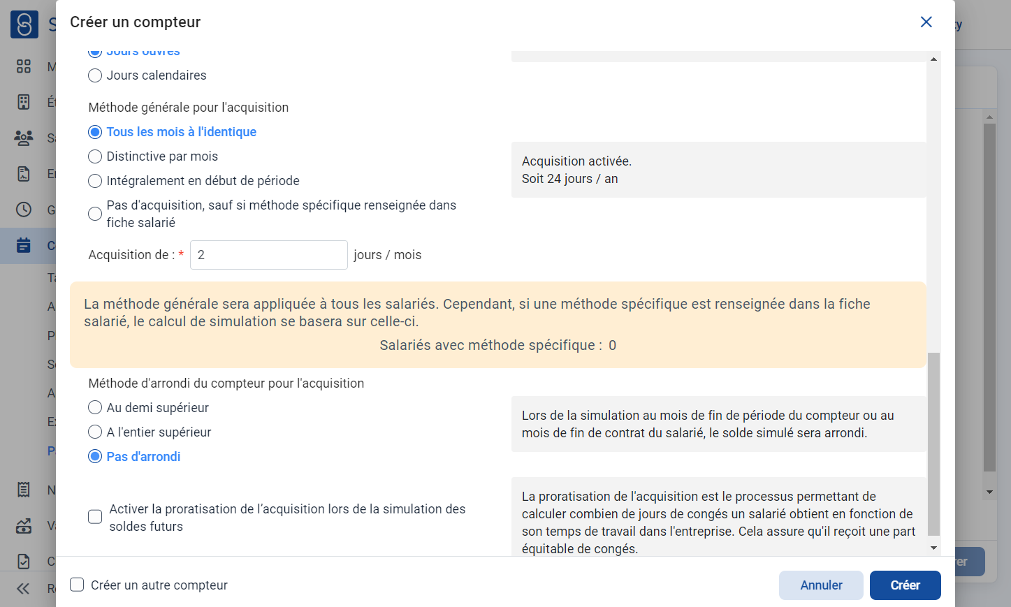 Sélectionner la "Méthode d'arrondi du compteur pour l'acquisition"