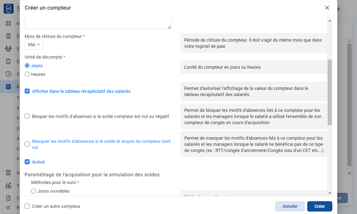 "Masquer les motifs d'absences si le solde et acquis du compteur sont nul"