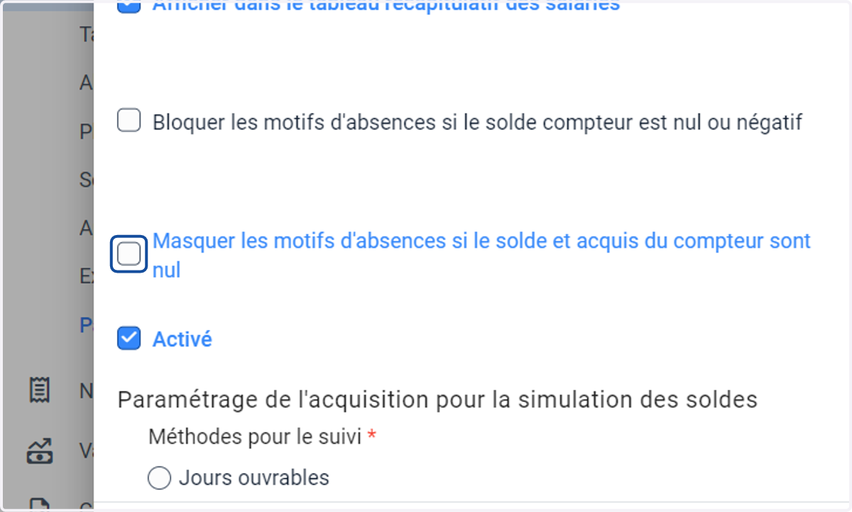 "Masquer les motifs d'absences si le solde et acquis du compteur sont nul"