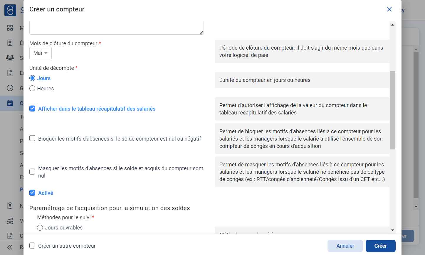 "Bloquer les motifs d'absences si le solde compteur est nul ou négatif"