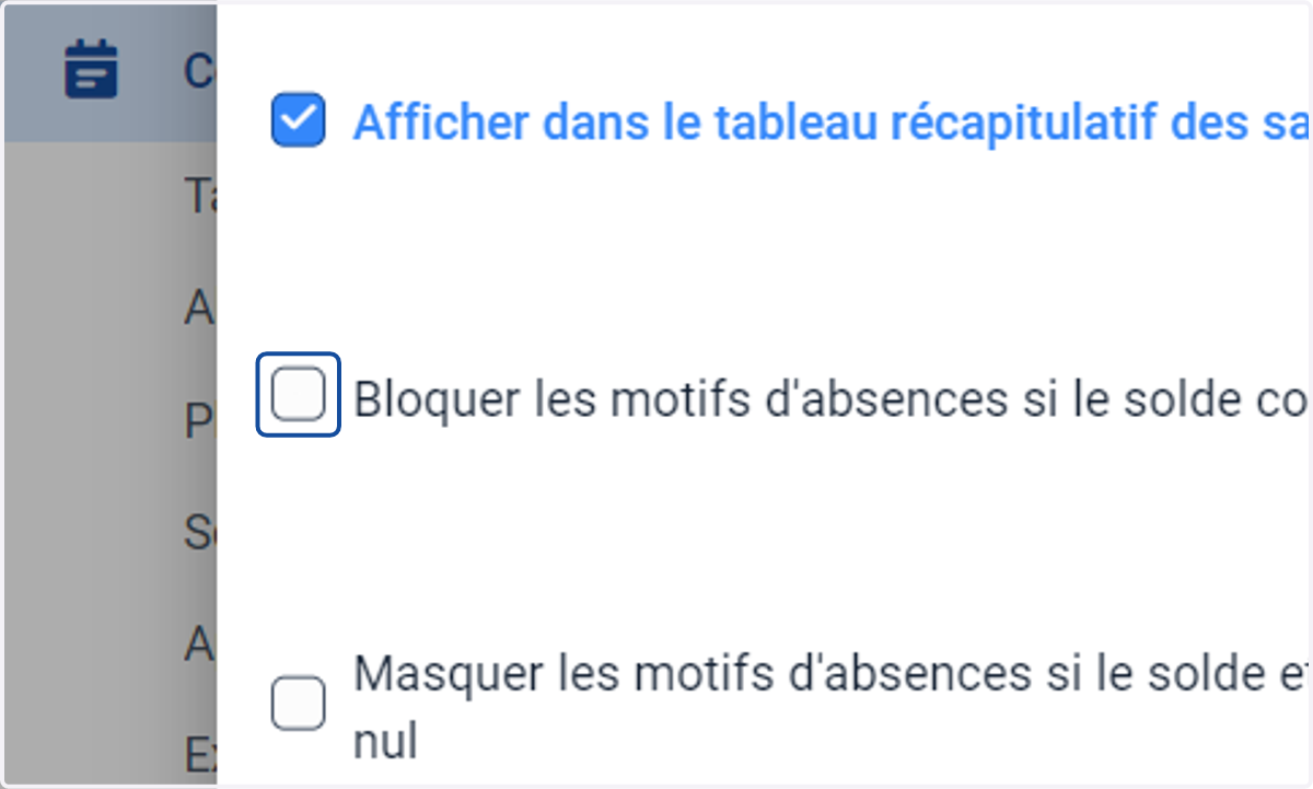 "Bloquer les motifs d'absences si le solde compteur est nul ou négatif"