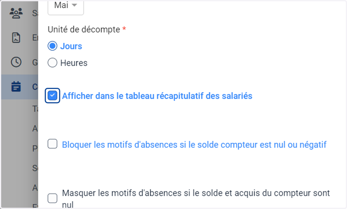 Cocher "Afficher dans le tableau récapitulatif des salariés"