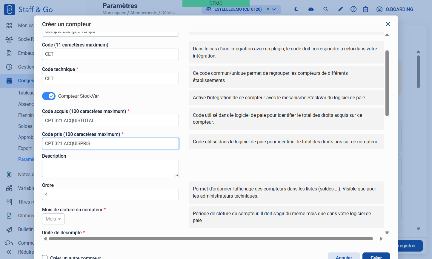 Entrer le Code acquis et le Code pris