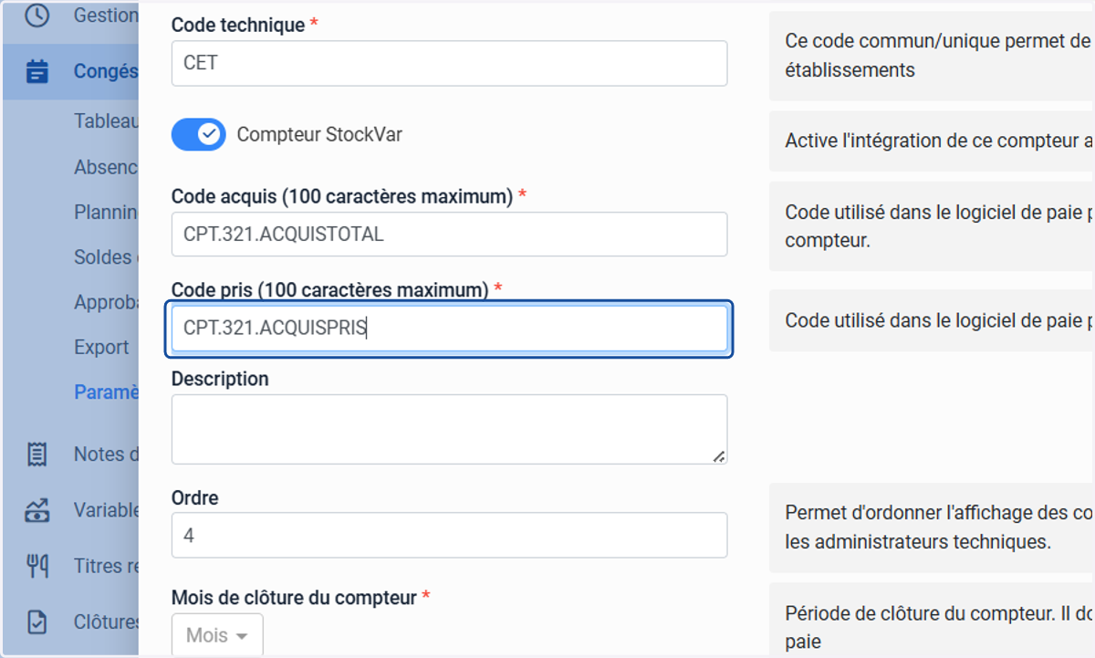 Entrer le Code acquis et le Code pris