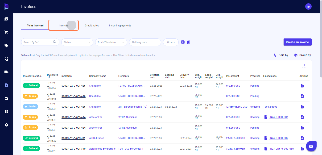 Go to the "Invoices" tab