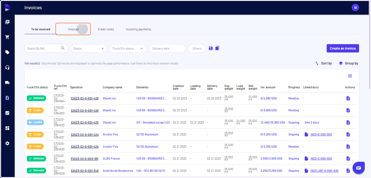 Go to the "Invoices" tab