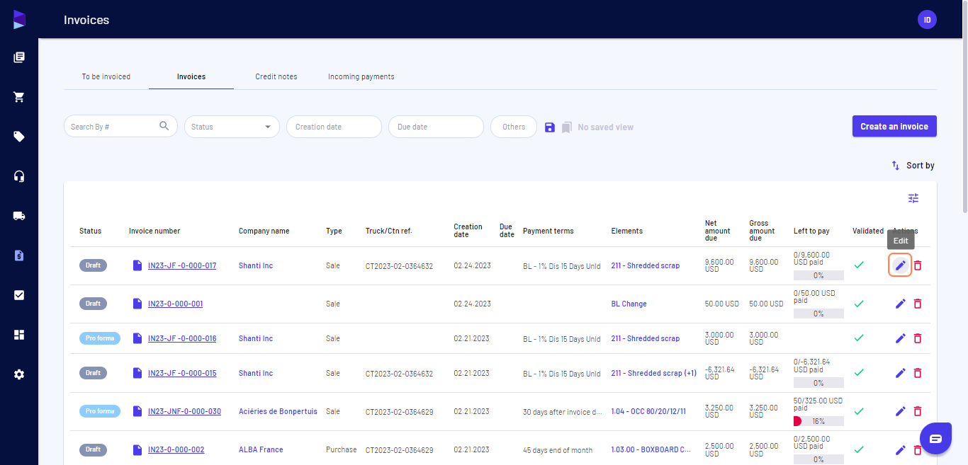 Search for the invoice and click "Edit"