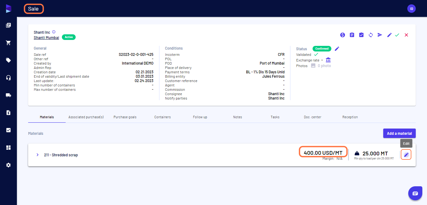 Go to sales view and click on "Edit" to edit the price