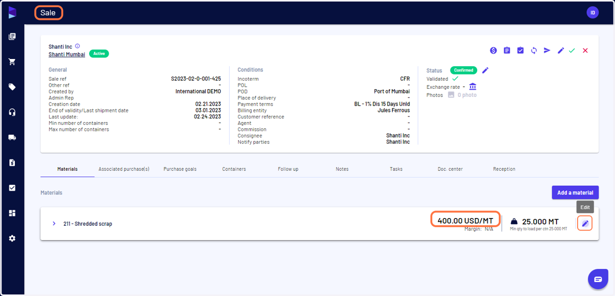Go to sales view and click on "Edit" to edit the price