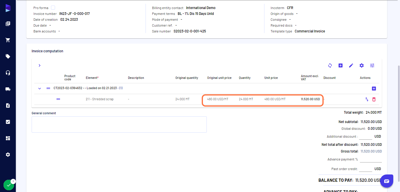 The price is refreshed here, click on save as draft and download the invoice