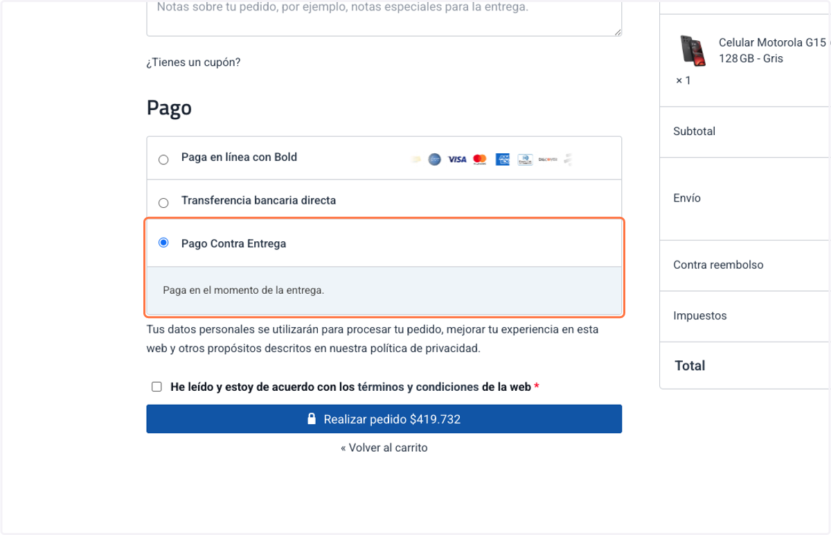 Selecciona metodo de pago: Pago contra entrega.