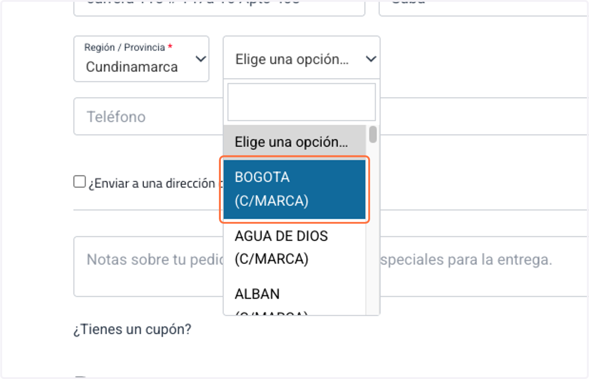 Selecciona la cuidad del envio.