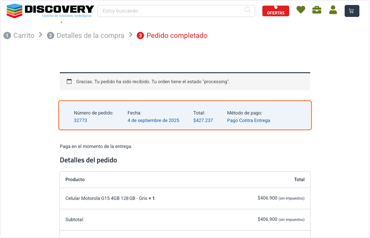 El sistema confirmará tu numero de pedido y recibirás un correo de confirmación.